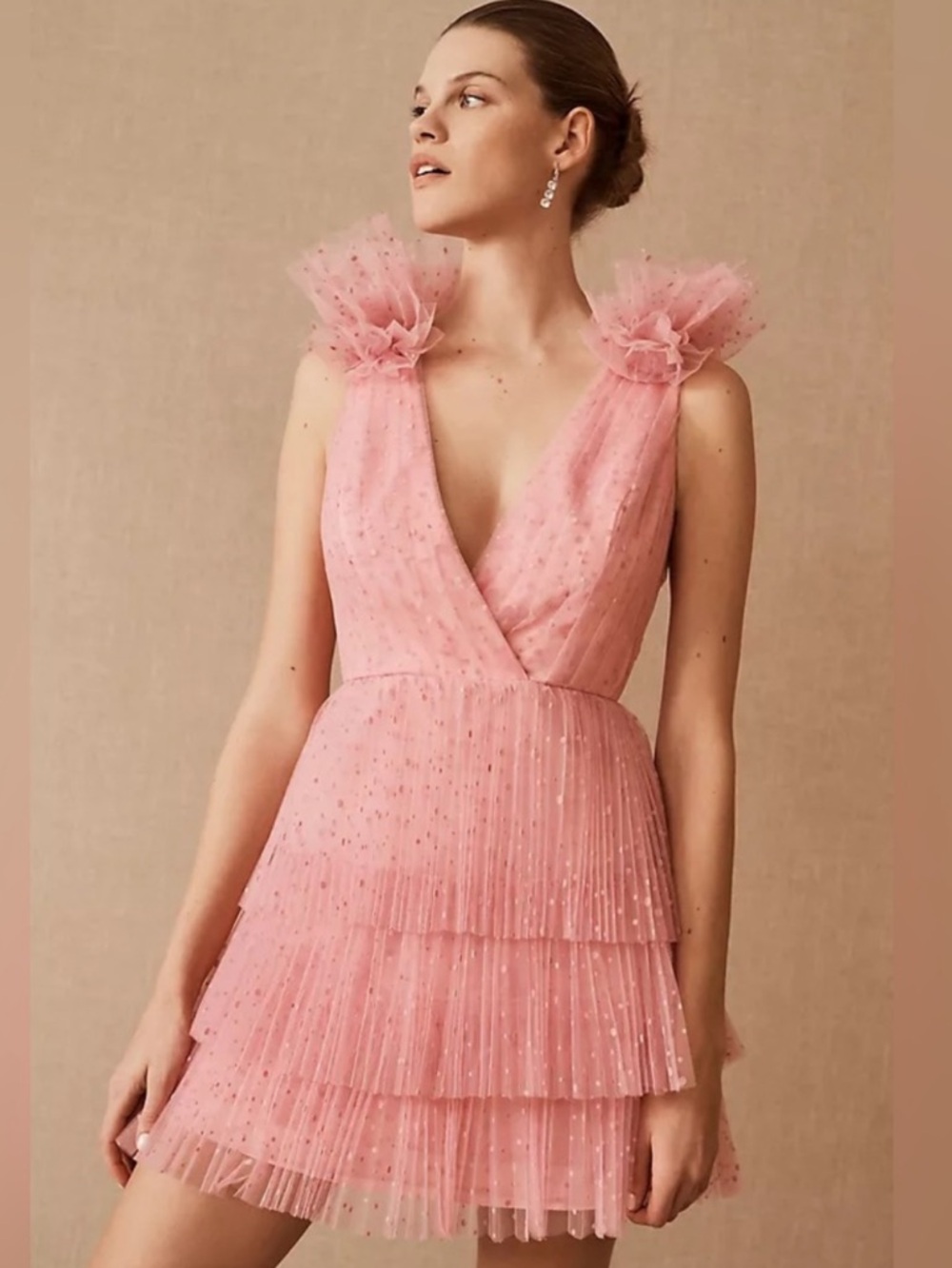 ML Monique Lhuillier Pink Tiered Tulle Mini Dress - Size Small